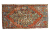 Vintage Distressed Oushak rug mat, faded rust, pale blue stepped geometric medallion, 1'8