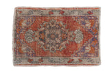 Distressed vintage Oushak rug mat with madder root field and faded floral medallion, 1'8