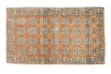 Vintage distressed Oushak rug mat featuring sandalwood field and geometric floral motifs, 1'7