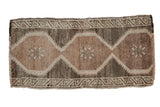 Distressed vintage Turkish Oushak rug mat, interconnected medallions, silver, beige, charcoal, 1'4