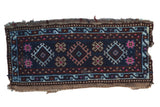 Vintage Mafrash Anatolian rug mat, repeating geometric guls, starbursts, dark blue, brown, pink.