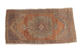 Distressed vintage Oushak rug mat, abrashed oversized medallion, sandalwood, ivory, pale slate, 1'5