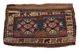 Distressed Kars rug mat with plum, pale blue medallions, arrow borders, 1'7