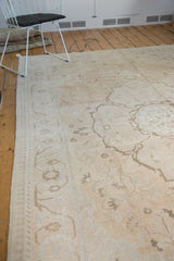 Vintage distressed Oushak rug with distinct reciprocating pawn and meandering floral borders.