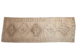 Vintage Distressed Oushak runner rug, repeating beige and sand geometric medallions, 3'8