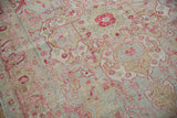 Intricate distressed Sivas carpet pile with faded raspberry, mint, and ivory details.