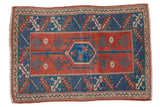 Vintage distressed Melas rug with cranberry red and indigo blue geometric patterns, 2'7