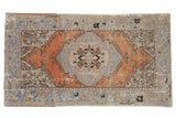 Distressed vintage Oushak rug with floral medallion, soft terracotta, faded blue, beige, 3x6.