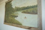 Aged upper left corner of antique folk art landscape painting within its reclaimed wooden frame.