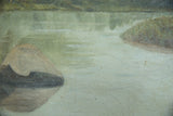 Close-up of antique painting, detailing craquelure on muted green river surface.