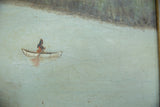 Antique Native American painting detail, showing the canoe and river with pronounced canvas crackling.
