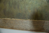 Cracking on aged canvas texture of antique folk art painting, with reclaimed wooden frame.