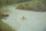 Detail of antique oil painting showing Native American in canoe, with fine craquelure.