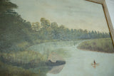 Visible cracking on the faded sky and treeline of the antique landscape painting.