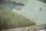 Cracking and discoloration on antique Native American canoe painting with green riverbank.
