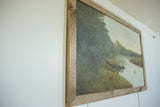 Angled view of aged oil painting, river scene with canoe, green foliage, rustic frame.