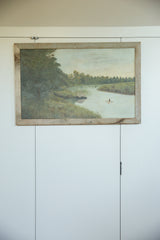 Antique folk art oil painting of Native American in canoe, framed in rustic wood.