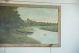 Antique oil painting: Native American in canoe on serene river, showing aged canvas texture.