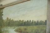 Close-up of the antique painting's pale sky, revealing canvas craquelure and discoloration.