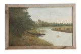 Antique oil painting: Native American Indian in canoe on a winding river, rustic frame.