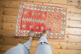 Turkish Distressed Oushak rug: geometric plant, playful starbursts on abrashed red, ivory border.