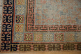 Khotan rug corner, distressed geometric borders in navy, terracotta, red, and saffron yellow.