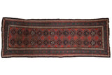 Antique Caucasian runner, madder red geometric medallions, pawn motif borders, mostly even wear.