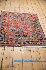 Antique Heriz rug detail: brick red ground, navy geometric border, and palmette motifs.