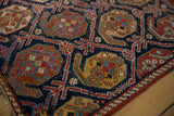 Intricate germinating plant boteh motif on antique Persian Afshar rug, showing foundation wear.