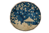 Antique Chinese Peking round rug mat, scenic tree and gazebo in cobalt blue and ivory.