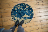 Antique Peking pictorial rug shows scenic blue tree, beige gazebo, and light fringe.