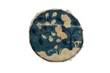 Antique Peking round rug mat, indigo blue field with ivory and beige tree landscape.