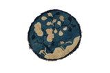 Antique Chinese Peking round pictorial rug with cobalt blue, ivory tree, mountain landscape. 1' x 1'1