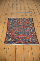 Vintage Hamadan rug detail: Herati pattern, brick red, navy blue, and blush tones, with fringe.