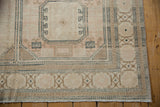 Distressed vintage Sivas carpet's corner showing geometric borders and short fringe.