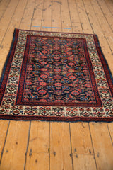 Vintage Malayer rug corner, ruby red blossomed plant border and sapphire blue Herati motif.