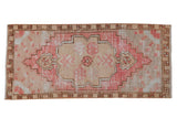 Vintage distressed Oushak rug, pink and ivory geometric floral medallion, 1'6