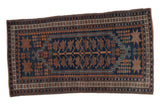 Dusty navy blue and rust vintage Oushak rug mat featuring a stepped medallion and oversized buds.