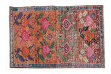 Distressed vintage Oushak rug, whimsical roses and leaves in a playful palette, 2'5