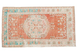 Distressed vintage Oushak rug, cinnabar red, turquoise, powder blue floral medallion with abrashes, 3'x5'5