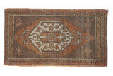 Vintage Distressed Oushak rug, geometric medallion in faded terracotta, sand, brown, 1'11