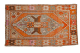 Distressed Oushak rug with tangerine orange field, silver, beige geometric medallion. 2'8