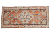 Vintage Distressed Oushak runner with terracotta, ivory, and turquoise floral medallion. 2'9