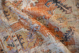 Distressed hand-knotted Oushak rug texture revealing foundation, terracotta, ivory, and charcoal.