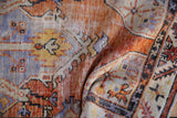Distressed Oushak runner texture, showing faded tangerine, royal blue, and ivory motifs.
