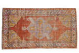 Vintage distressed Oushak rug, diamond medallion, burnt orange, saffron yellow, faded lavender. 3x5.5.
