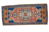 Distressed vintage Oushak runner: sandalwood field, cobalt floral border, 1'9