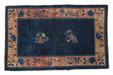 Vintage Art Deco rug: cobalt blue field, double floral bouquet, mauve blossomed border, 3'1