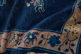 Vintage Chinese Art Deco rug border with blossomed branches, leaves, and blue florals.