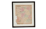 Framed antique 1860s Bedford NY map, faded pastel colors and torn aged paper, 20x23 inches.